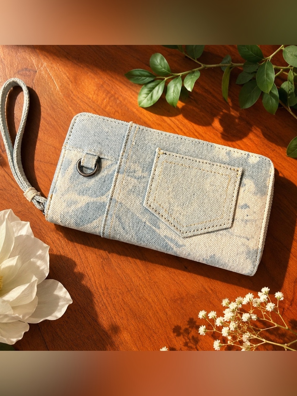 Bleached Denim Zip Around Wristlet Wallet Y2K Jean Pocket Clutch